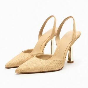NWT ZARA RAFFIA HIGH HEEL SLINGBACKS NATURAL / GOLD SIZE: 9 OR SIZE: 40